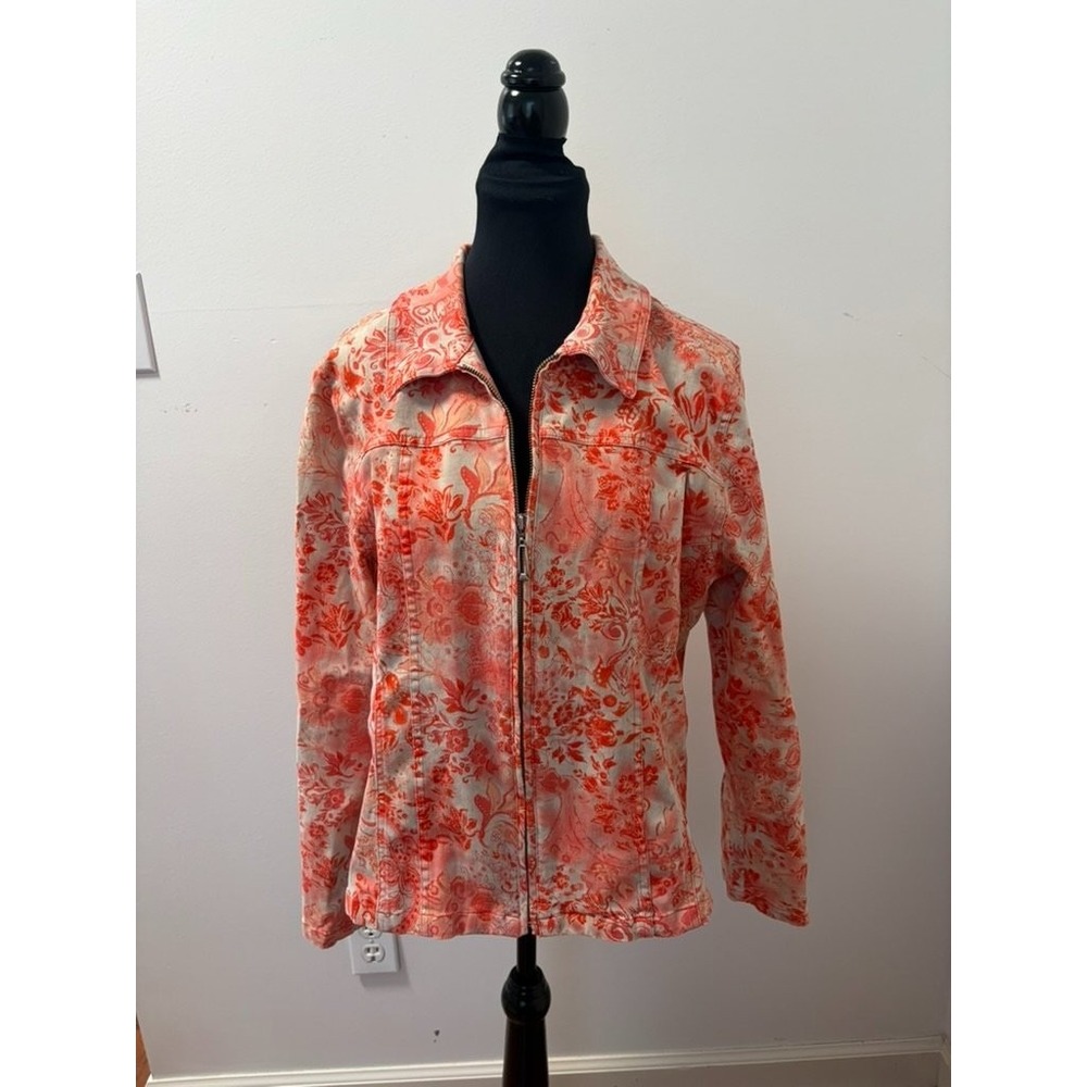 Christopher & Banks Women's Jacket XL Orange All-over Print Size Cotton Front - Picture 2 of 6